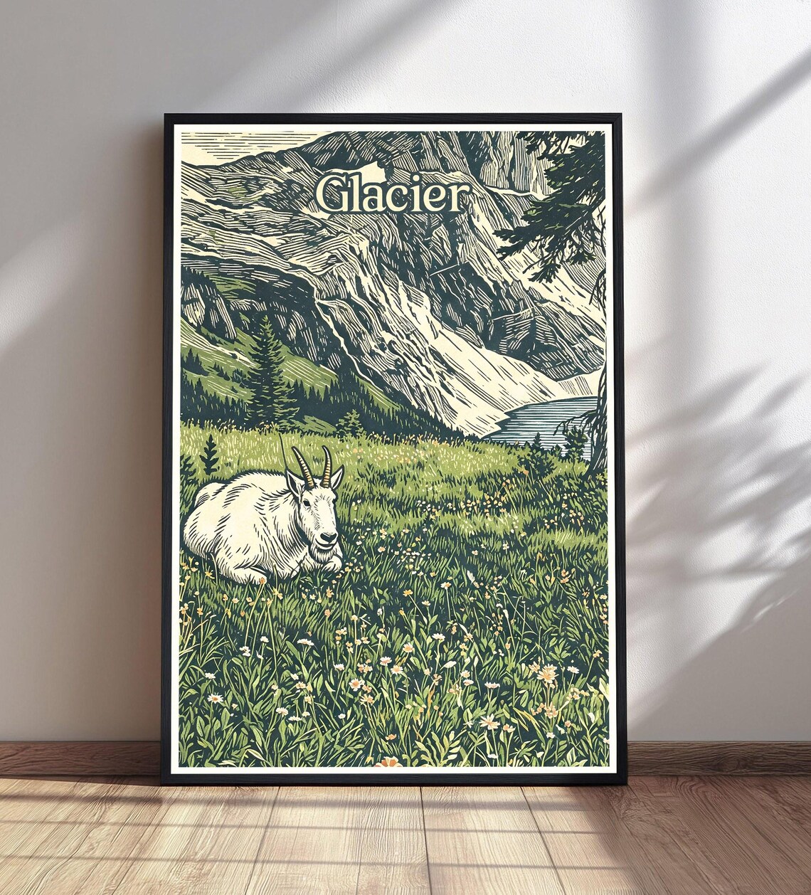 Glacier Mountain Goat Wildflower Meadow Vintage Travel Poster