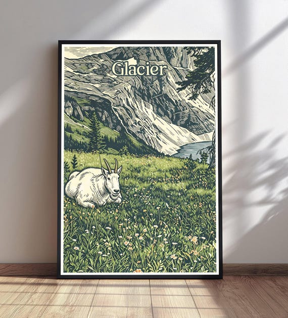 Glacier National Park Print Vintage Travel Poster Mountain Goat Wall Art Decor