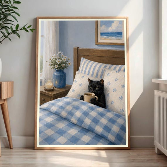 Black Cat In Bed Art Print Cozy Lover Gift Whimsical Animal Wall Decor Feline Illustration