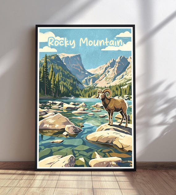 Rocky Mountain National Park Poster Vintage Travel Art Bighorn Sheep Wall Decor Print