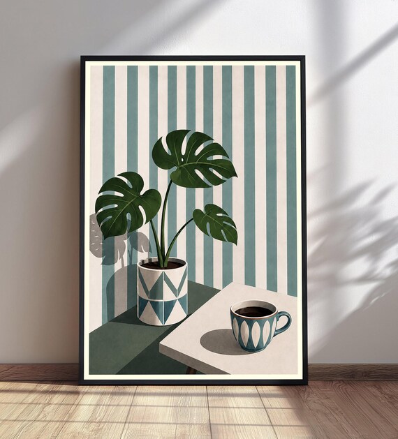Monstera Plant and Coffee Cup Striped Mid Century Kitchen Poster