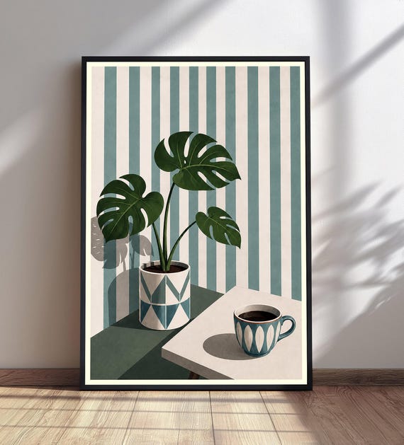 Monstera Plant Wall Art Boho Coffee Cup Print Striped Background Decor Botanical Illustration