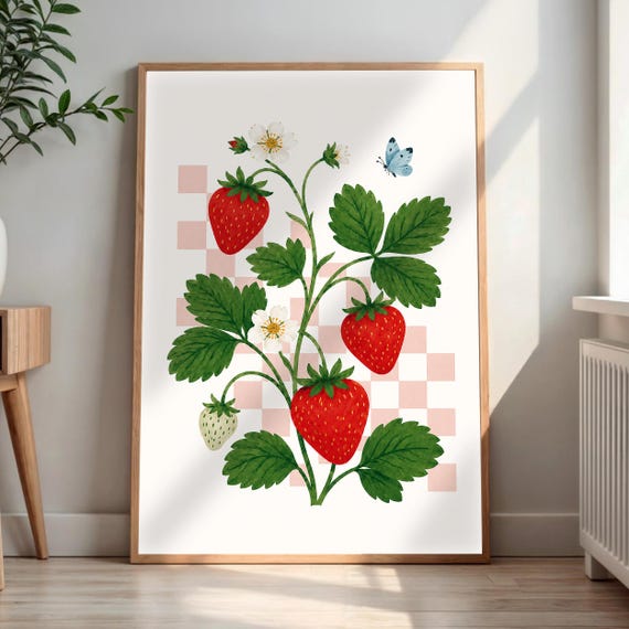 Strawberry Botanical Print Watercolor Plant Art Cottagecore Wall Decor Fruit Lover Gift