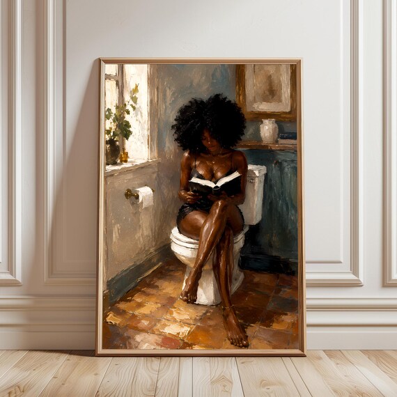 Black Woman Reading Afro Oil Painting Bathroom Relaxing Art Poster