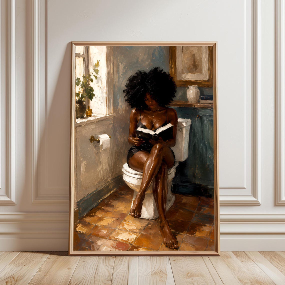 Black Woman Reading Art Print African American Bathroom Decor Afrocentric Wall Selfcare
