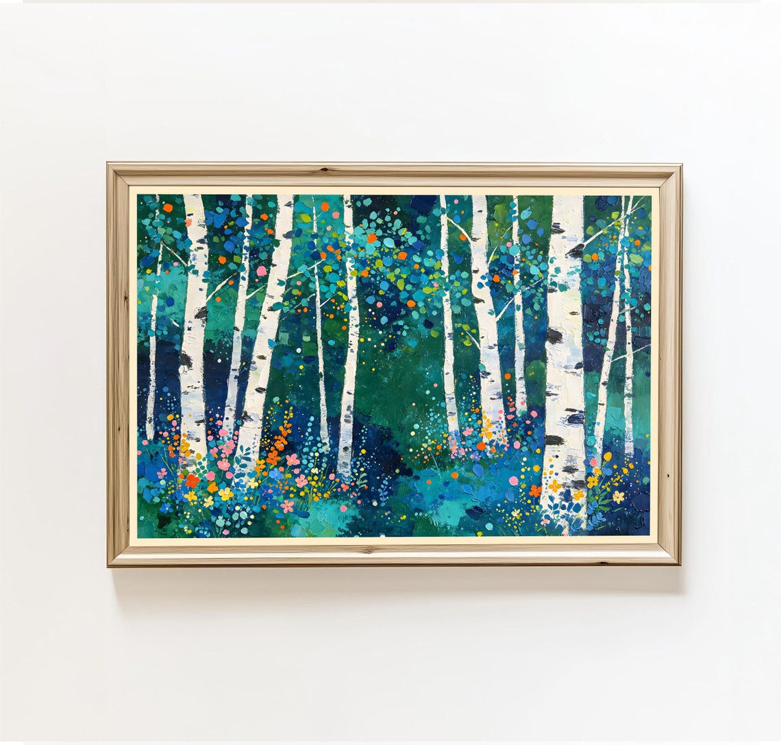 Birch Tree Forest Impressionistic White Trunks Wildflower Art Poster