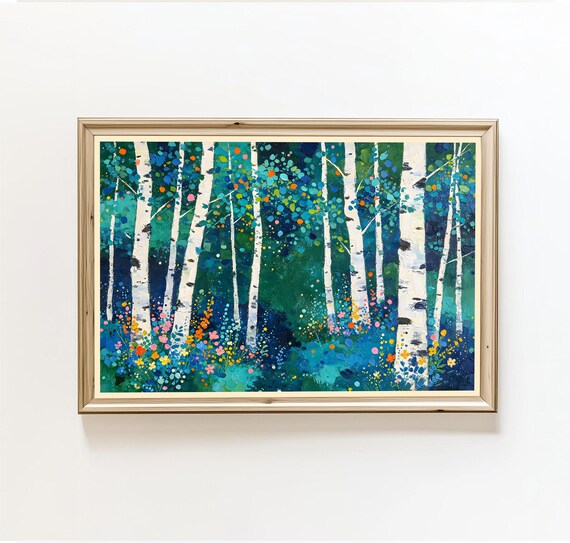 Birch Tree Forest Impressionistic White Trunks Wildflower Art Poster