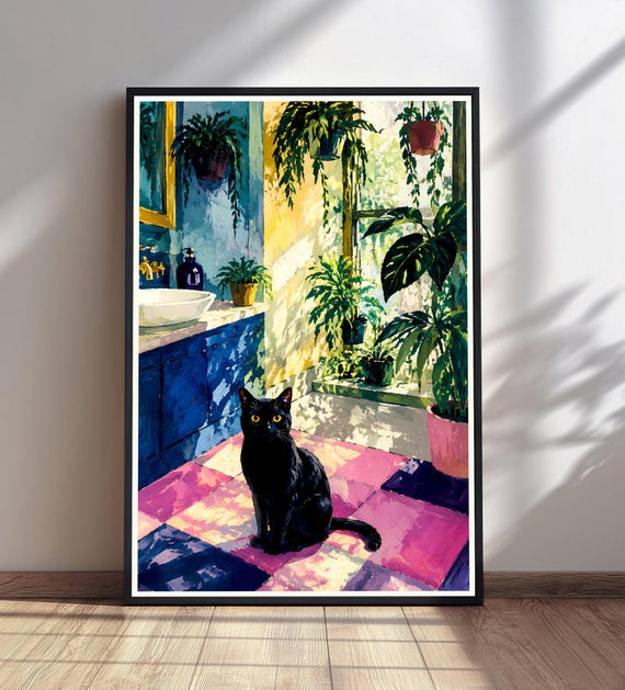 Black Cat Art Print, Bathroom Decor