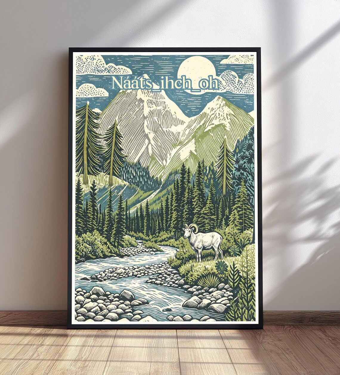 Woodcut Mountain Landscape, Bighorn Sheep Nature Decor