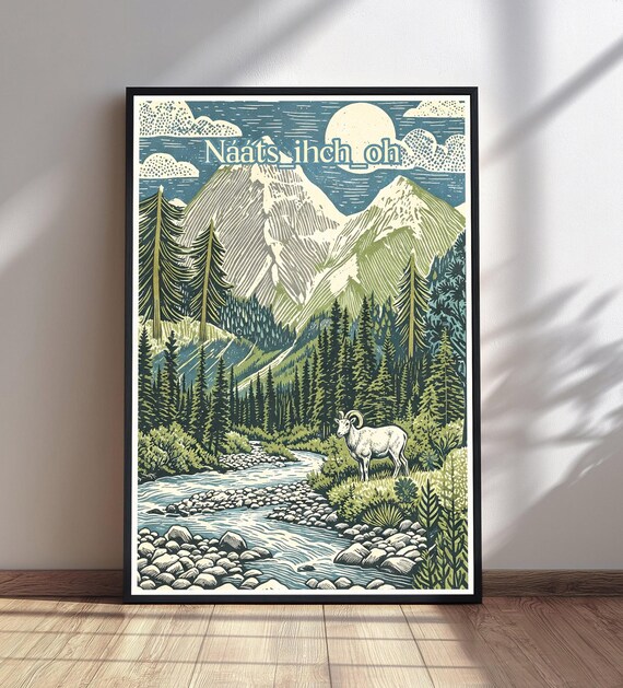 Woodcut Mountain Landscape, Bighorn Sheep Nature Decor