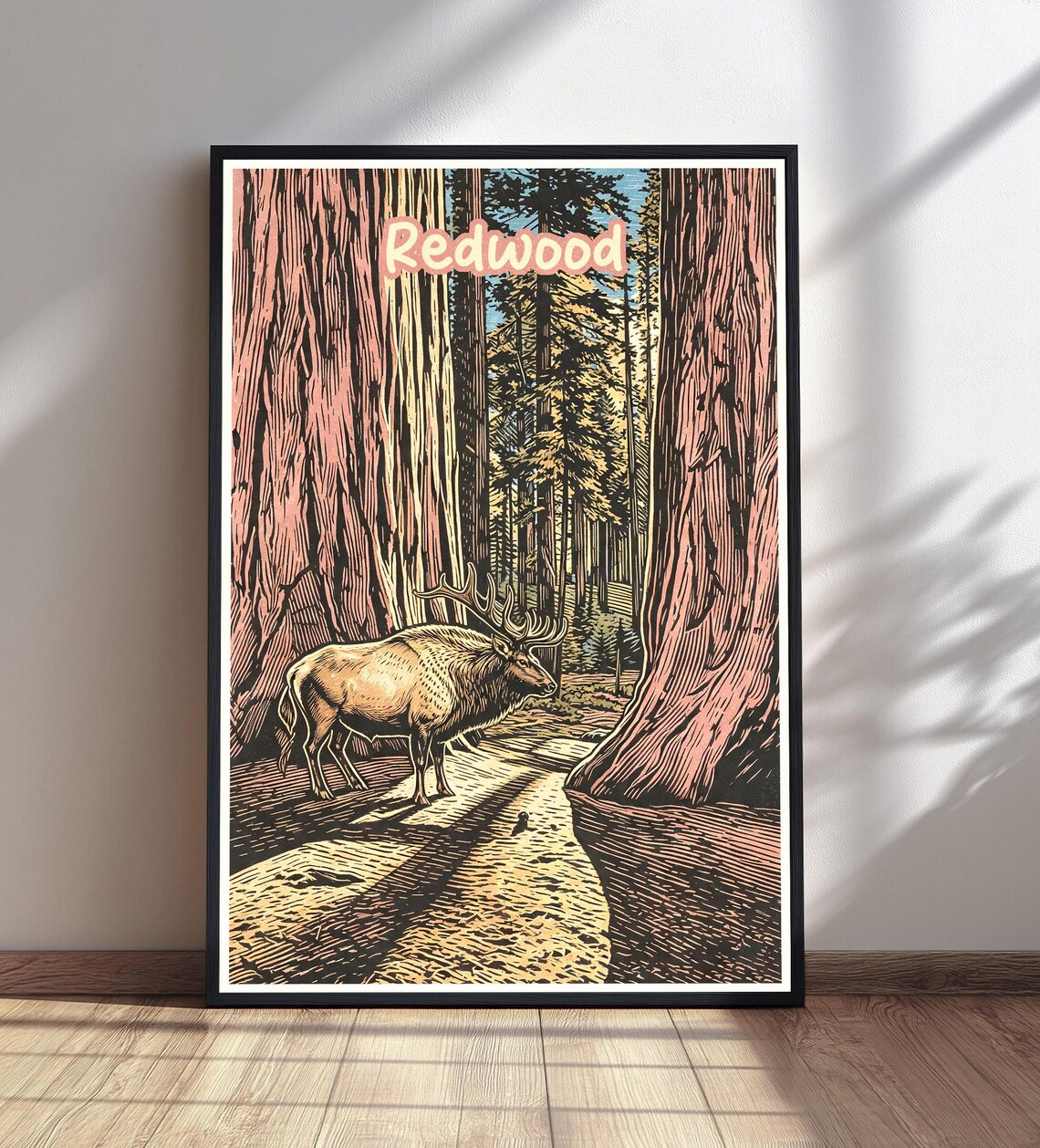 Redwood National Park Elk Among Giant Trees Vintage Travel Poster