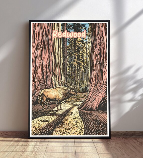 Redwood National Park Elk Among Giant Trees Vintage Travel Poster