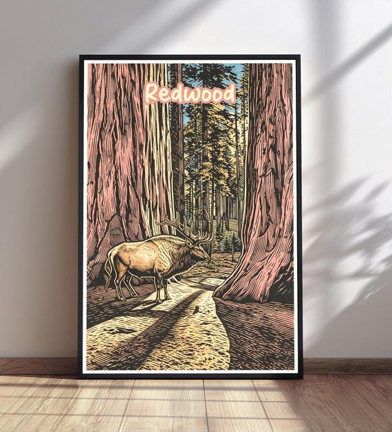 Redwood National Park Poster Elk Tree Print Vintage Art Travel