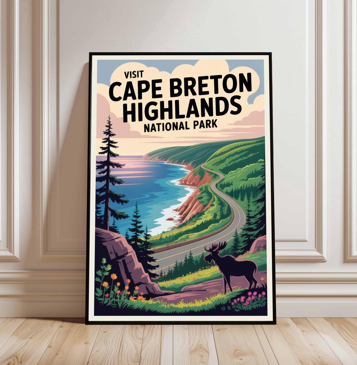 Visit Cape Breton Highlands National Park Poster With Moose And Coast