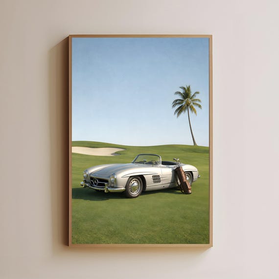 Vintage Luxury Car Golf Course Print Sports Wall Art Mid Century Decor Lover Gift