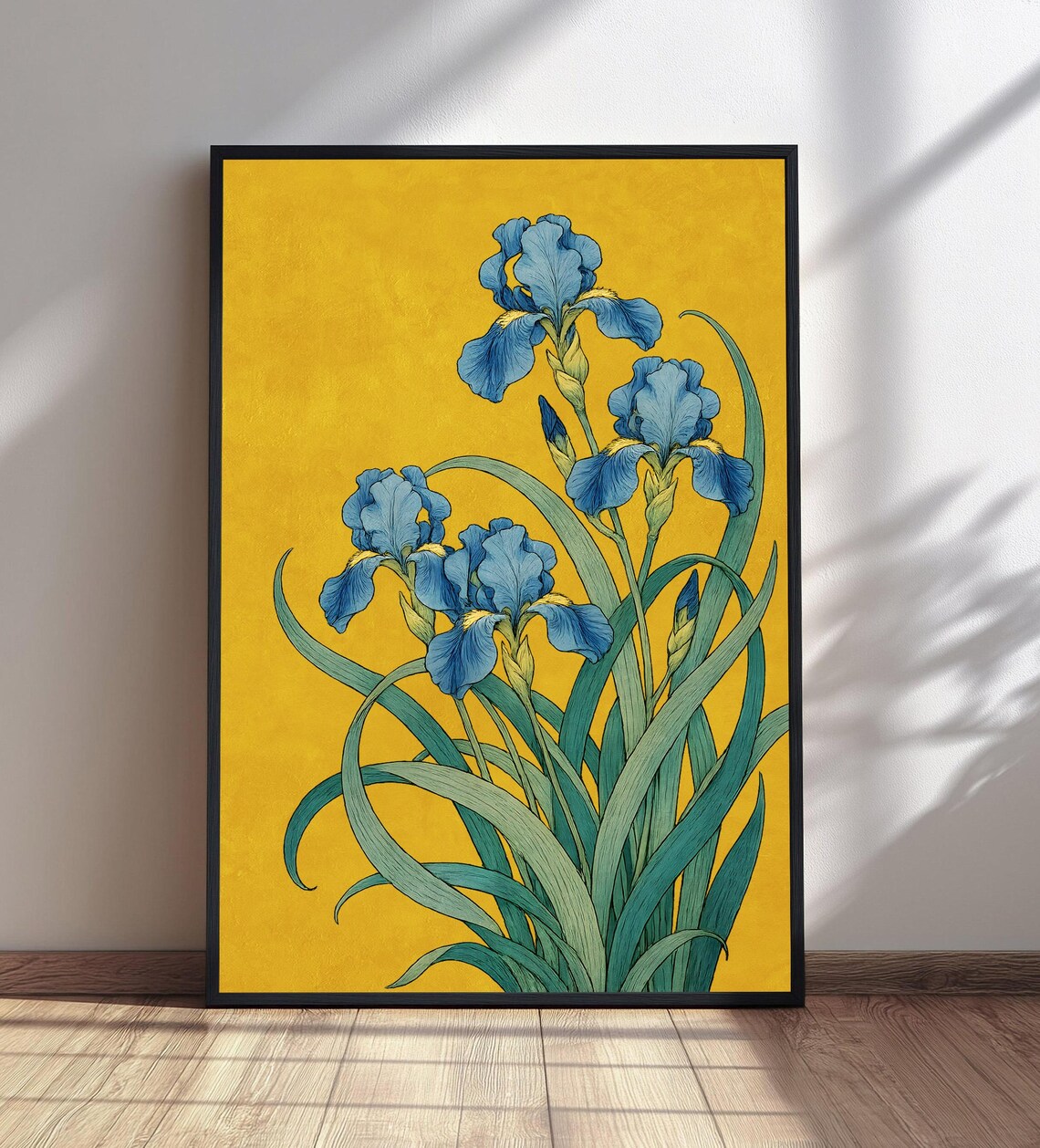 Blue Iris Flowers Nouveau Style Botanical Illustration Gold Backdrop Poster