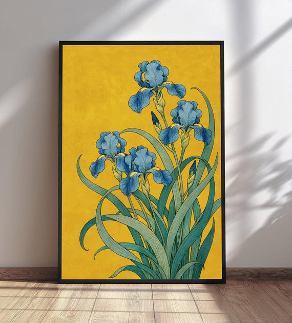 Art Nouveau Iris Print Blue Flowers Wall Vintage Floral Poster Botanical Home Decor