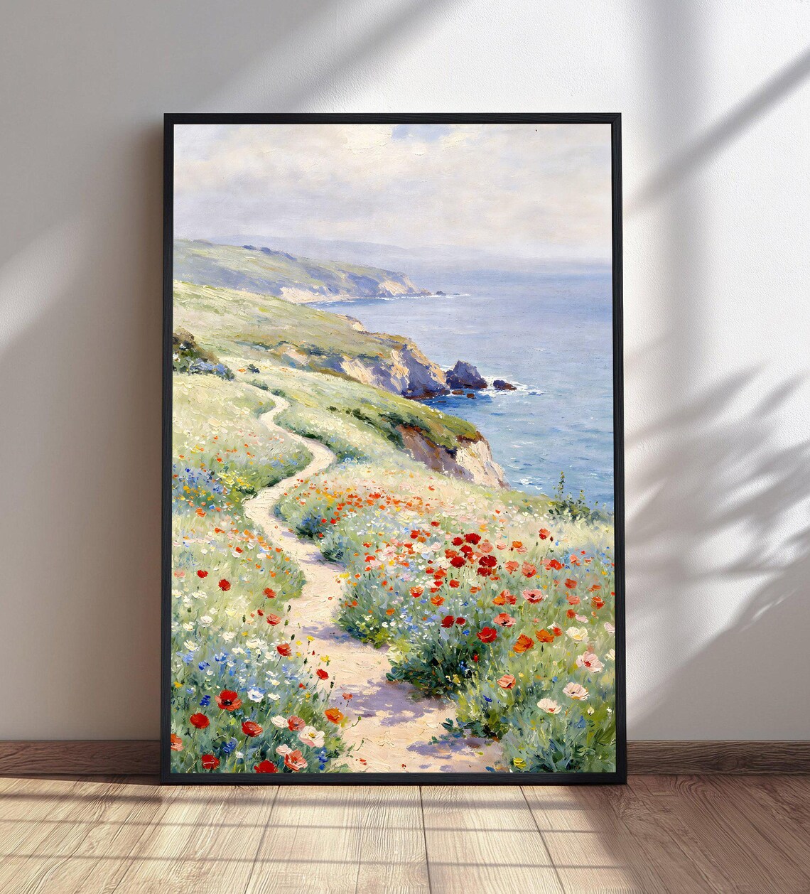 Poppy Field Coastal Path Cliffs Impressionist Seascape Summer Art Poster