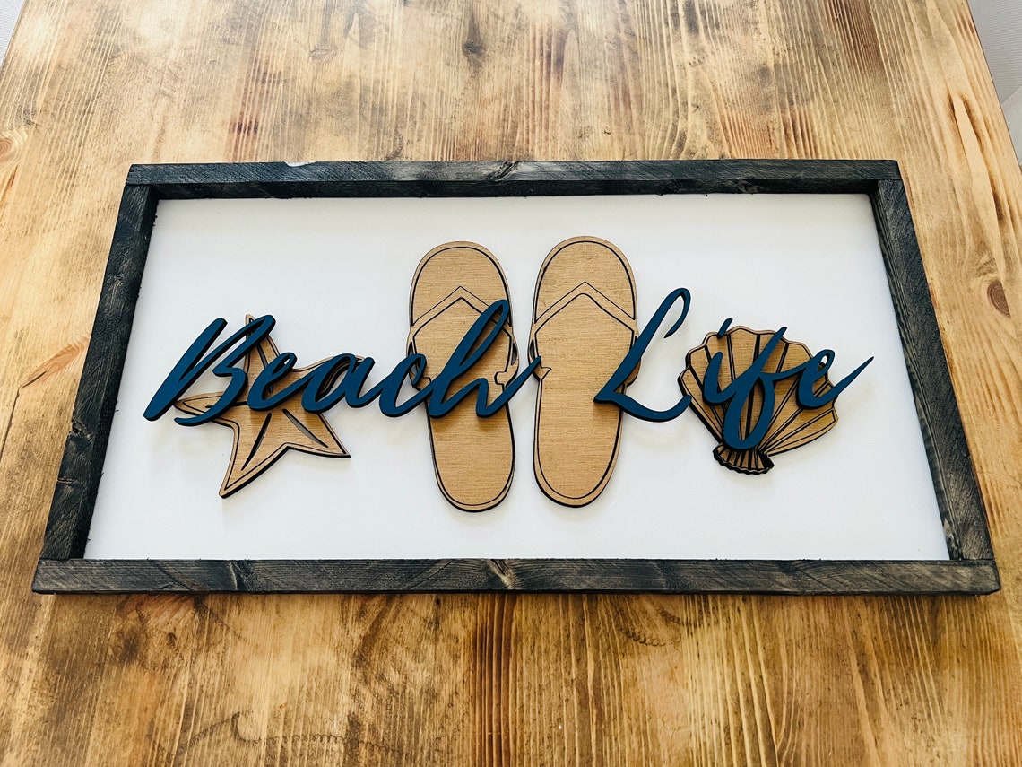 Beach Life Script Flip Flops Starfish Shell Sign Style Poster - Image 2
