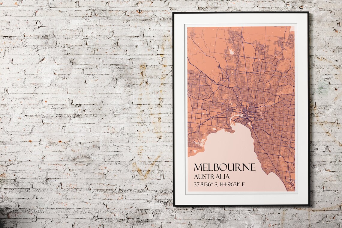 Melbourne Australia City Map Warm Coral Peach Tones Map Art Poster