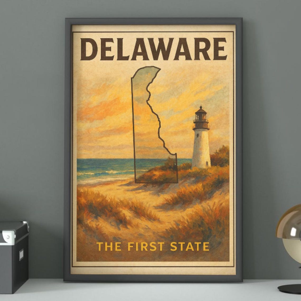 Delaware The First State Coastal Lighthouse Vintage Travel Poster