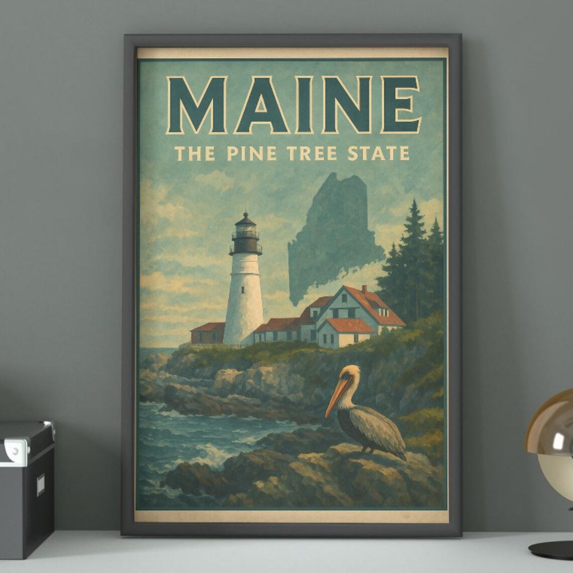 Maine The Pine Tree State Vintage Lighthouse Coast Travel Art Print
