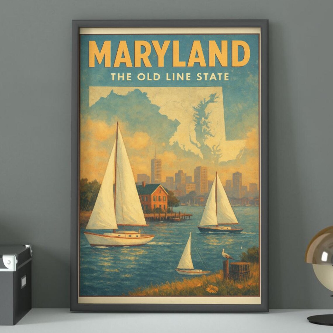 Maryland The Old Line State Vintage Sailboat Harbor Travel Art Print