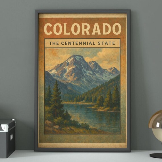 Colorado The Centennial State Mountain Lake Retro Travel Poster