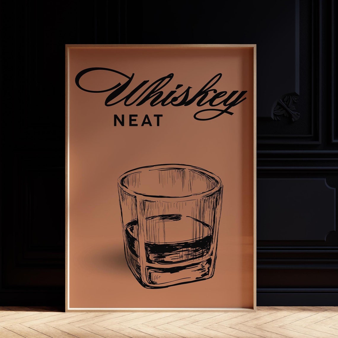 Whiskey Neat Bar Cart Print Terracotta Script Cocktail Sketch Wall Art - Image 2