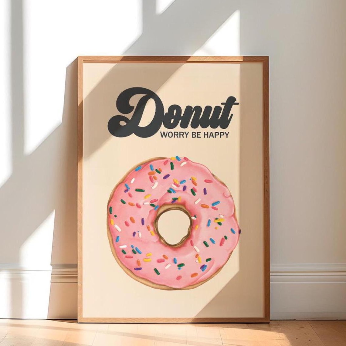 Donut Worry Be Happy Pink Frosted Sprinkle Donut Retro Poster