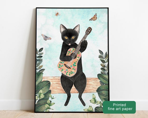 Black Cat Singing Kitten Illustration Art Print