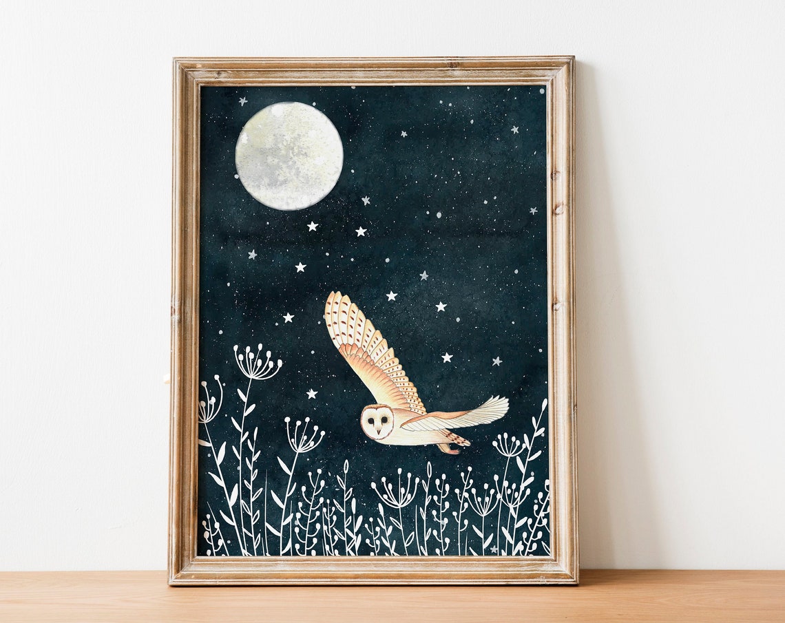 Barn Owl Art Print, Night Sky Forest Wildlife