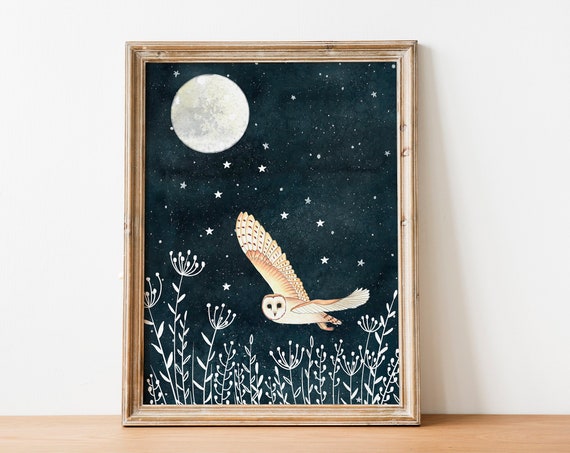 Barn Owl Art Print, Night Sky Forest Wildlife