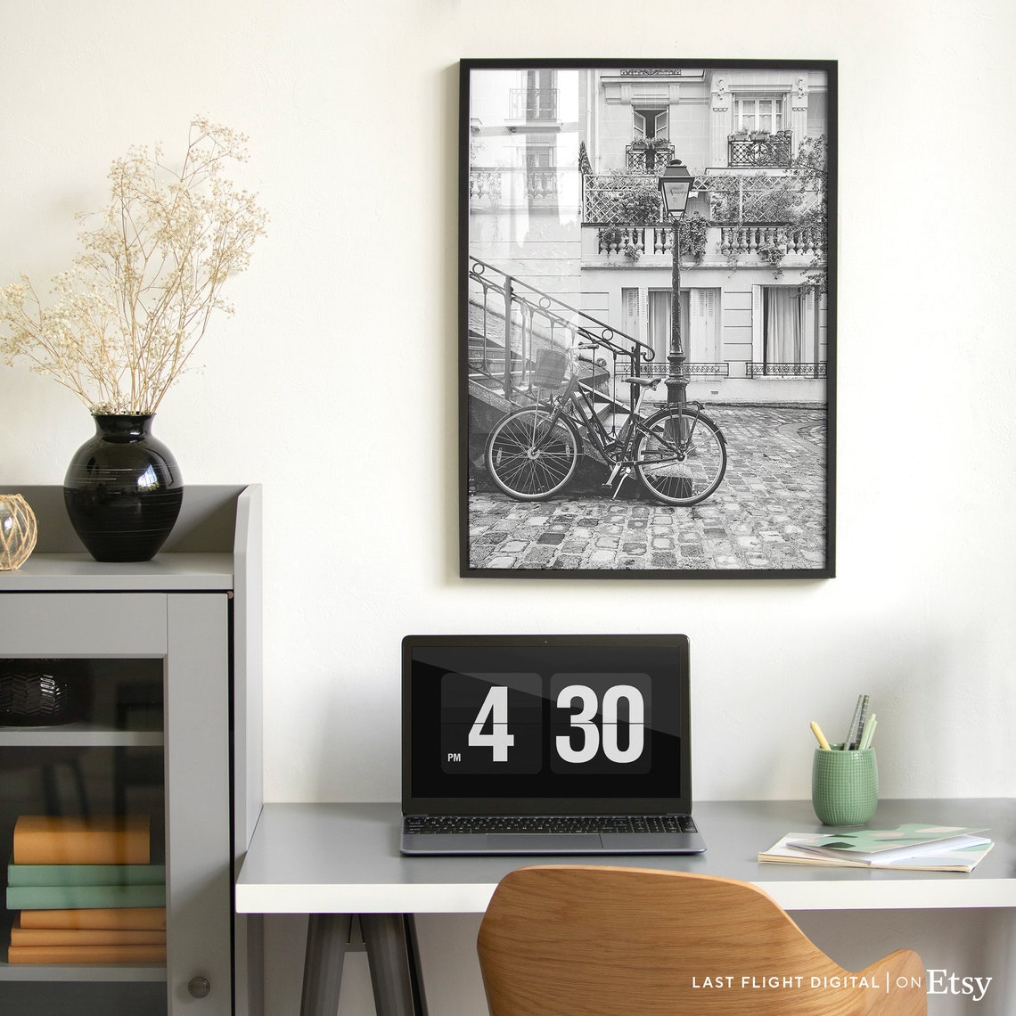 France Paris Montmartre Bicycle Lamppost Cobblestone Street Poster - Image 2