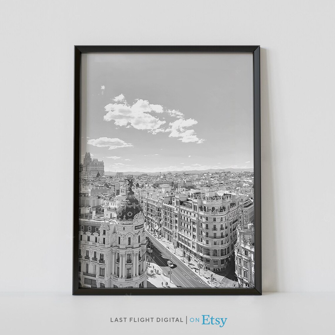 Madrid Spain Travel Poster, Black And White Cityscape