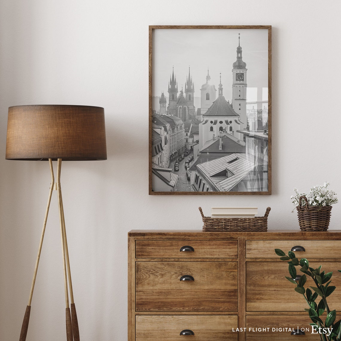 Prague Old Town Church Towers Rooftop View Black And White Poster - Image 3