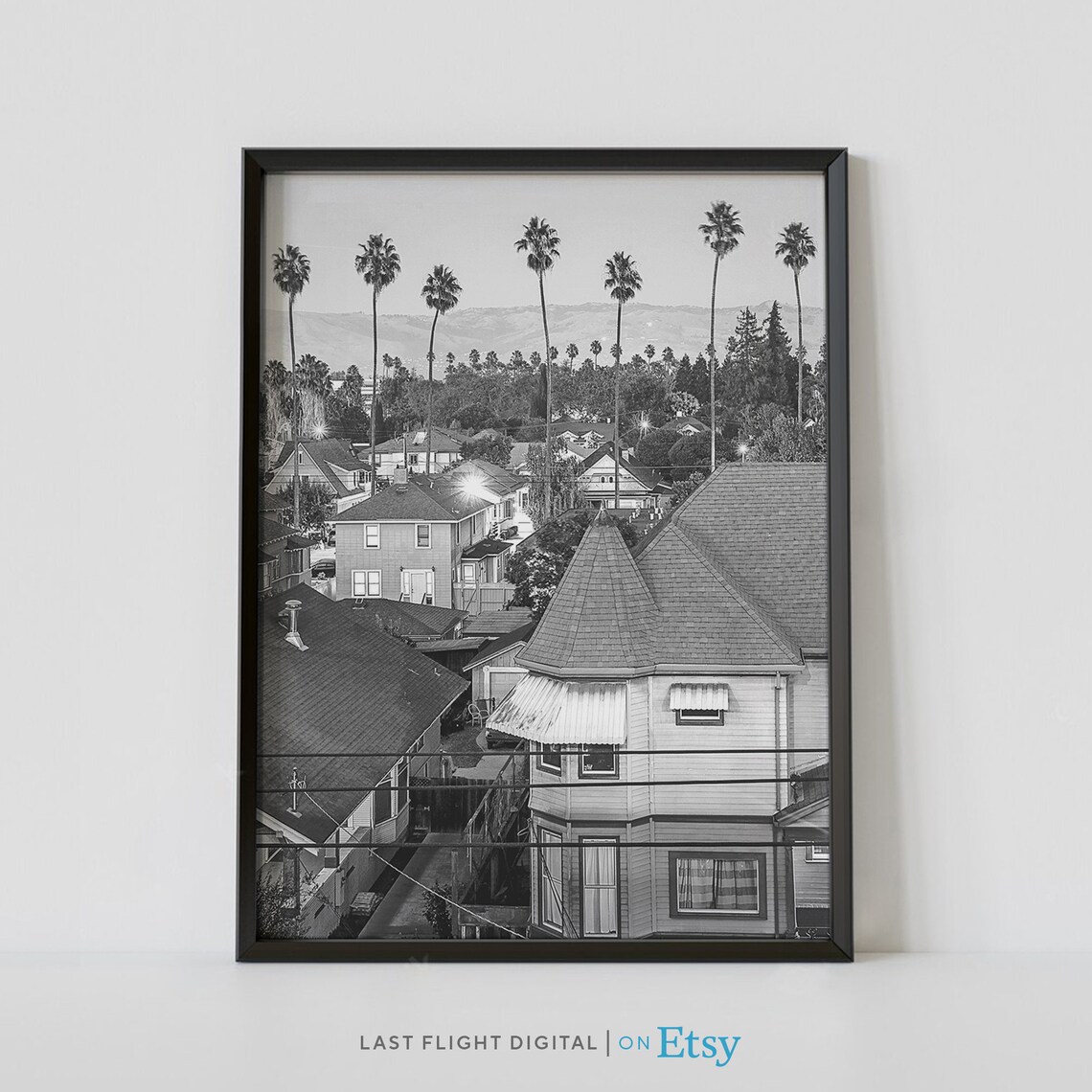 San Jose Rooftops Palm Trees Hills Neighborhood Scene Poster