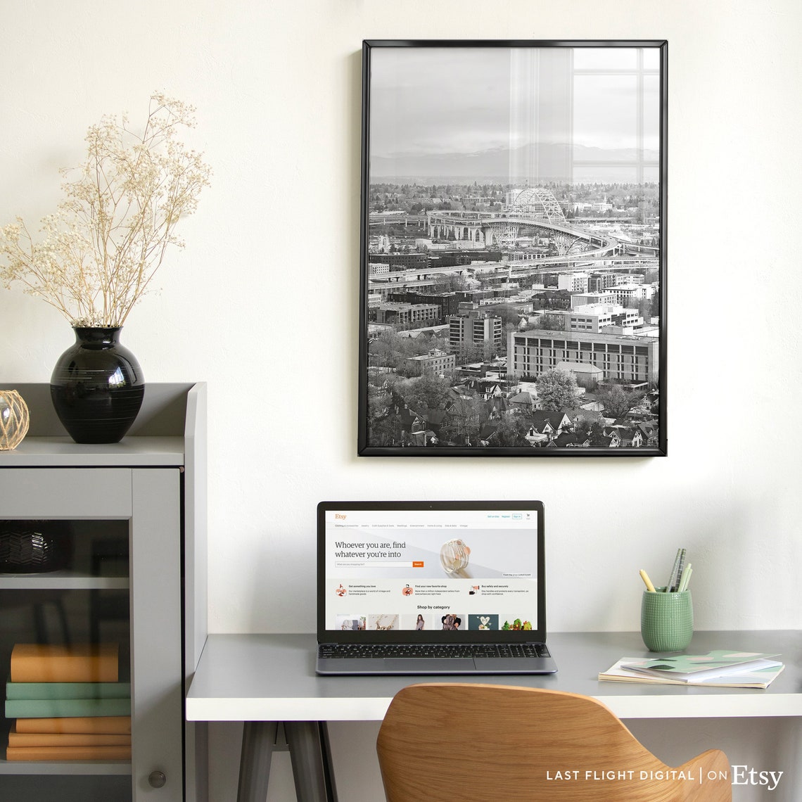 Portland Oregon Cityscape Arched Bridge Aerial Black White Poster - Image 3