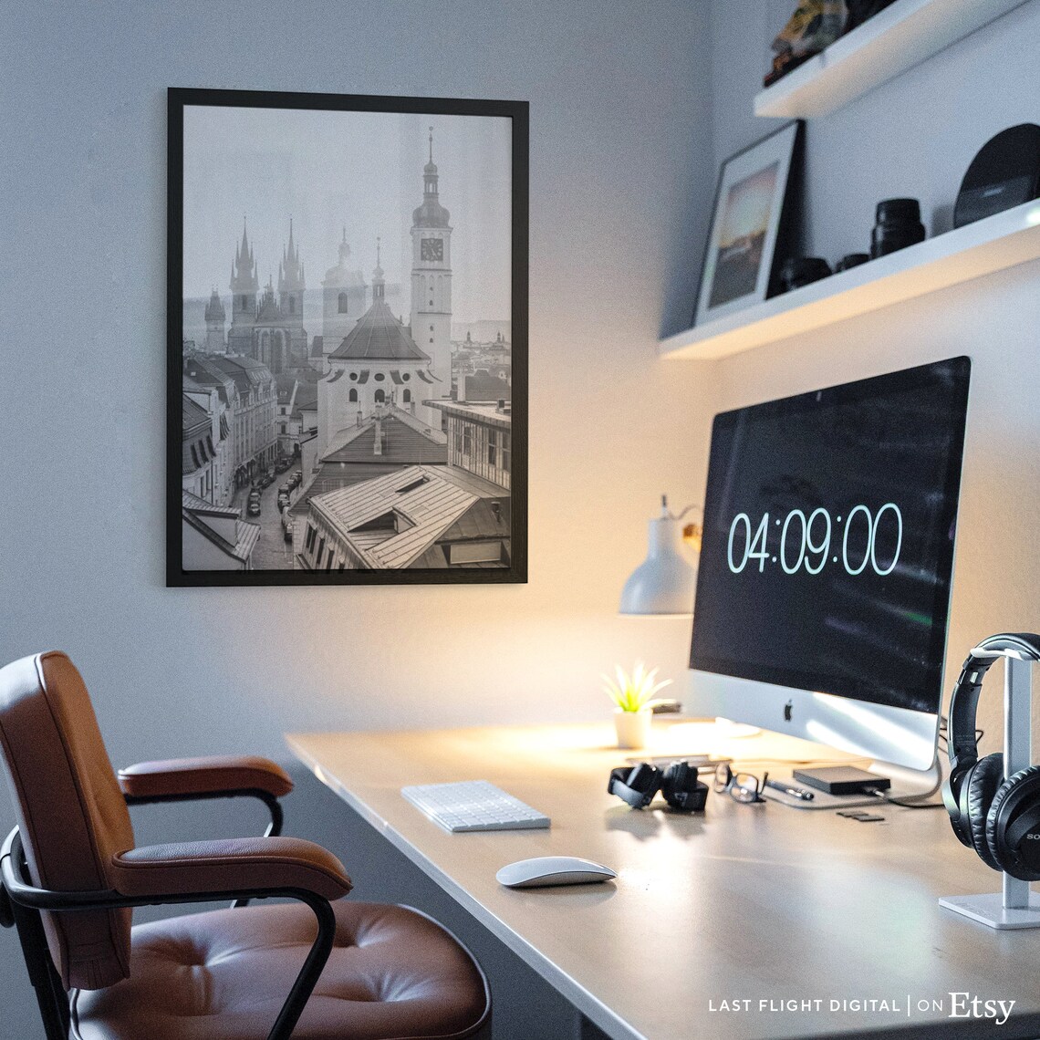 Prague Old Town Church Towers Rooftop View Black And White Poster - Image 4