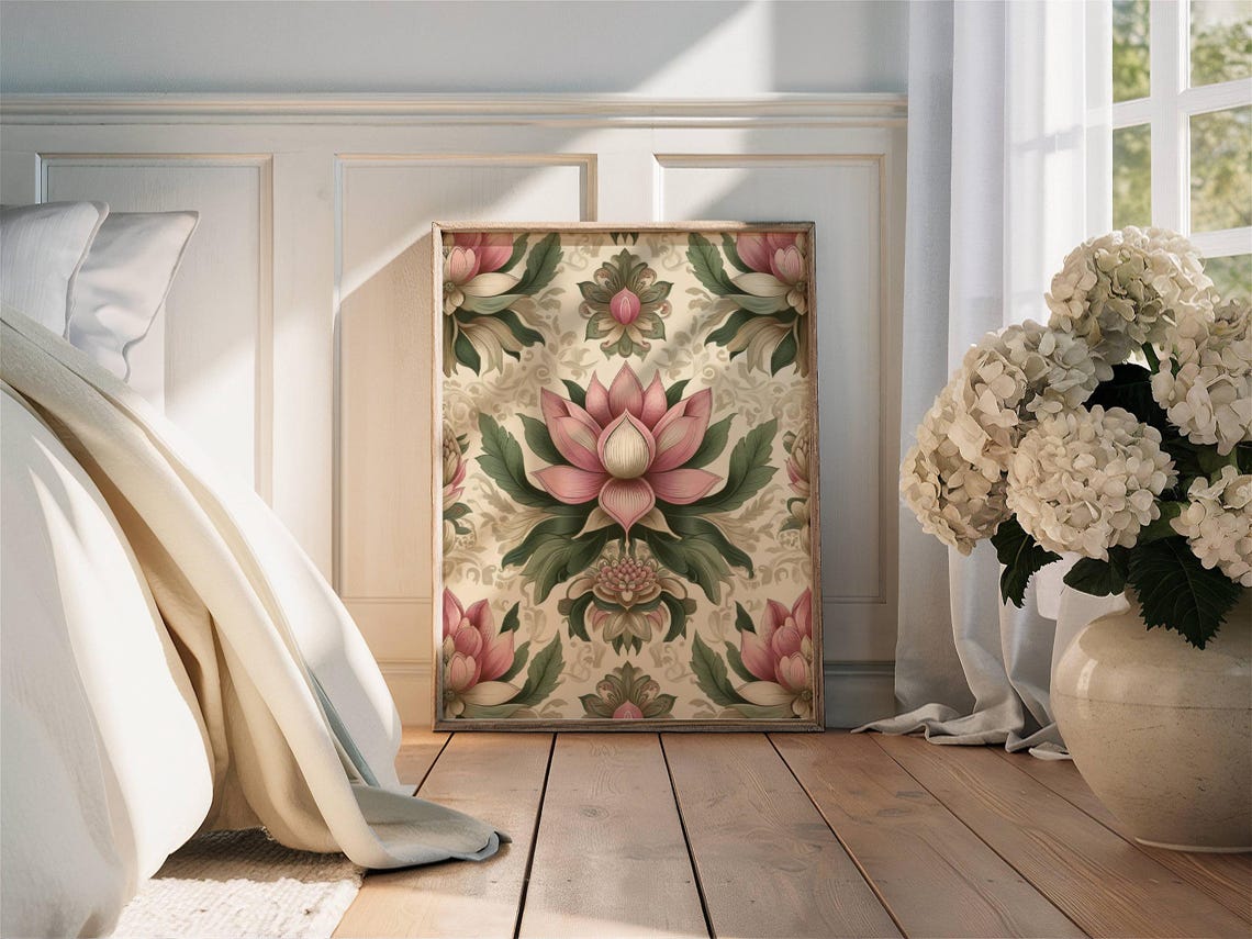 Pink Lotus Traditional Indian Floral Folk Art Botanical Poster