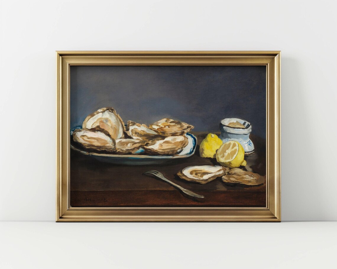 Vintage Oyster Still Life Oil Painting Coastal Kitchen Poster