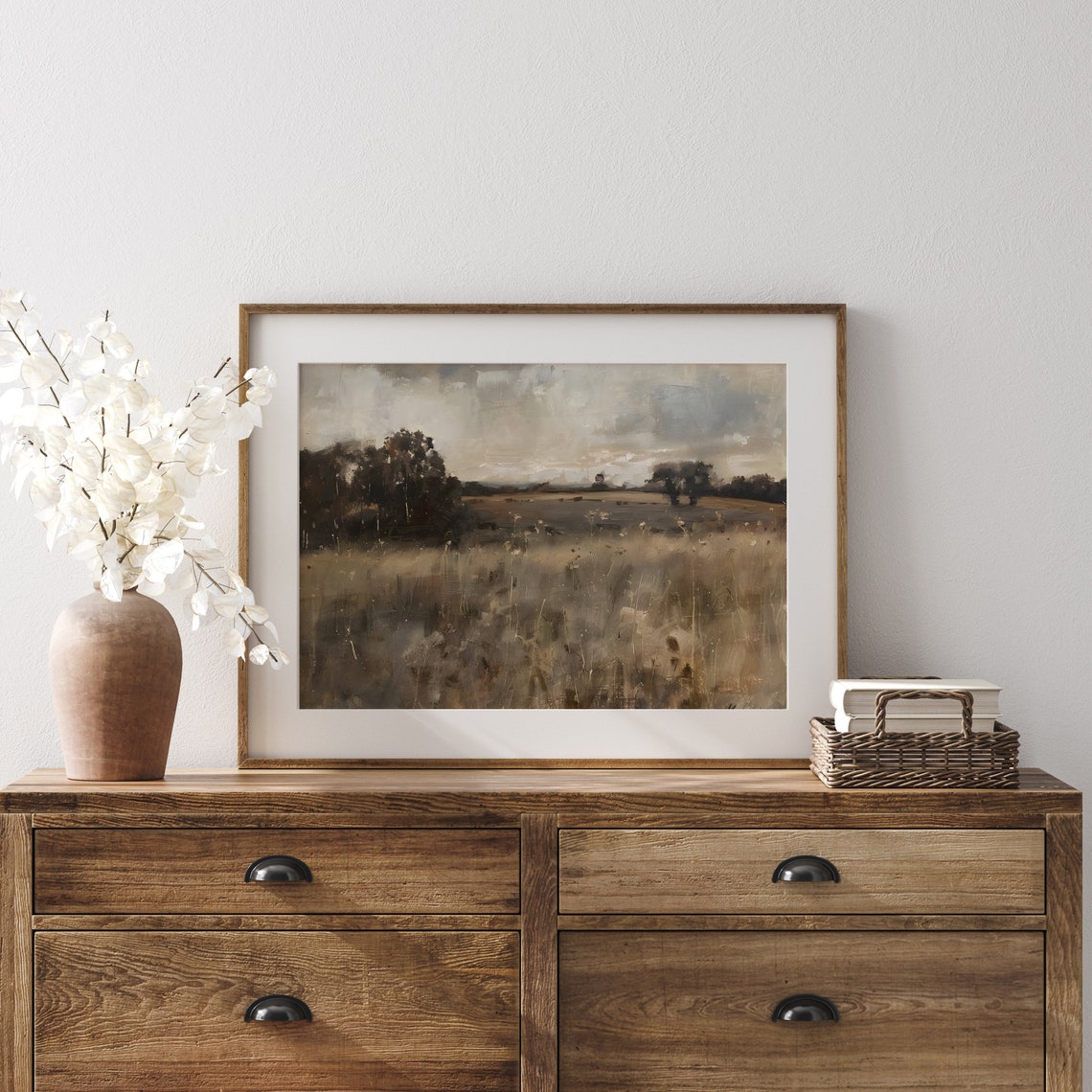 Serene Golden Field Landscape With Trees Under Cloudy Sky Poster - Image 3