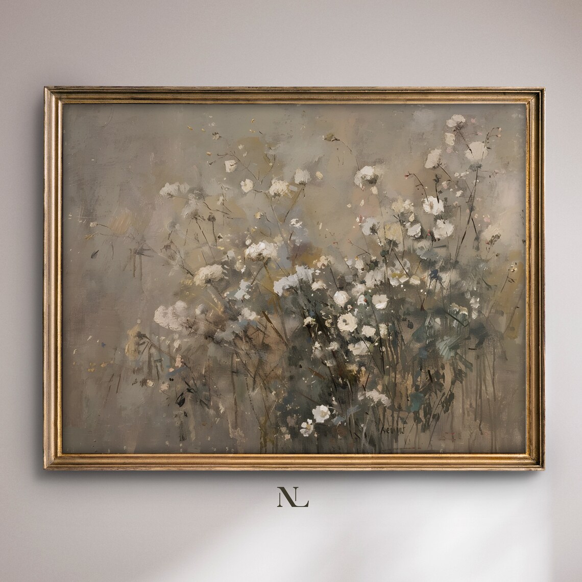 Neutral Wildflower Bouquet Soft Beige Farmhouse Floral Art Poster