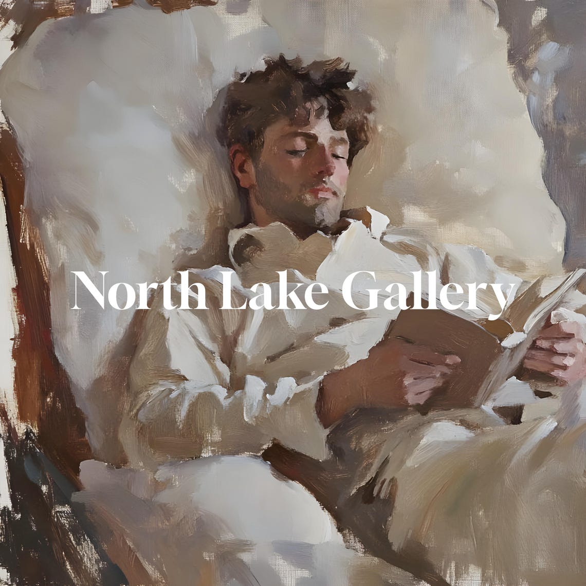 Man Reading Book In Bed Soft Neutral Tones Cozy Painting Poster - Image 6