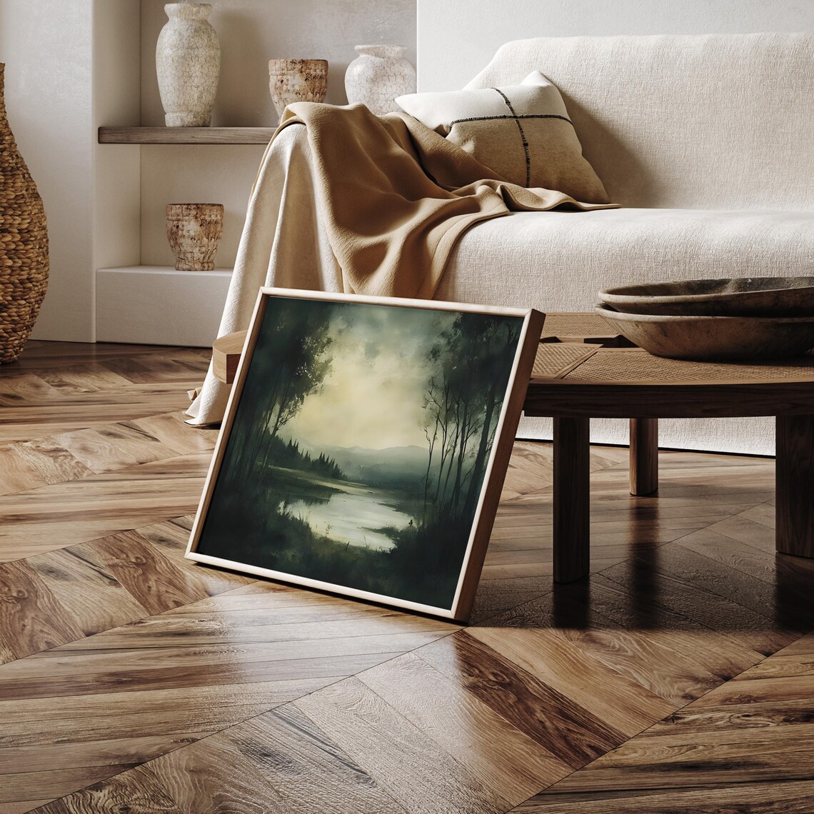 Dark Moody Forest Lake Moonlit Dusk Landscape Painting Poster - Image 2