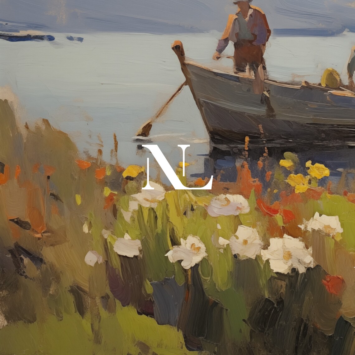 Fishing Boat Crew Wildflower Shore Mountain Lake Painting Poster - Image 6