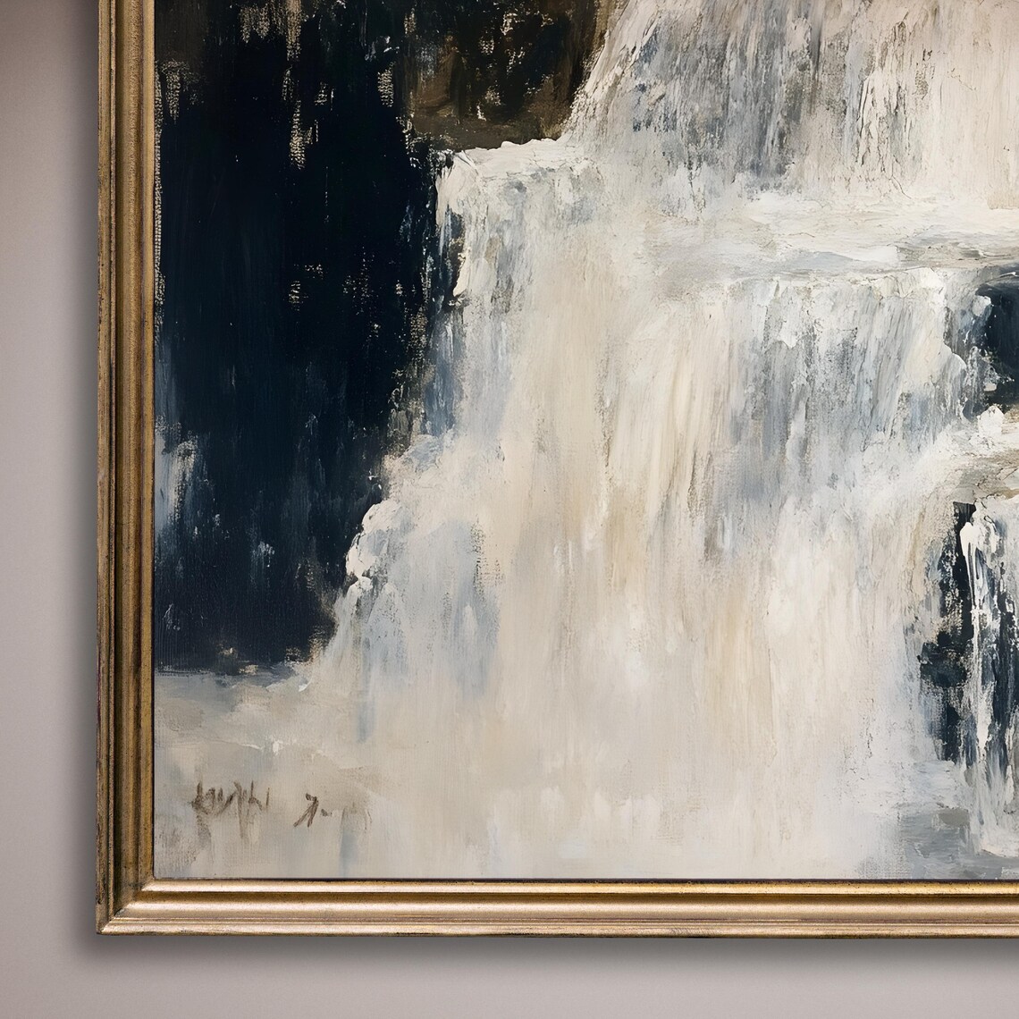 Waterfall In White And Ivory Tones Moody Nature Painting Poster - Image 8