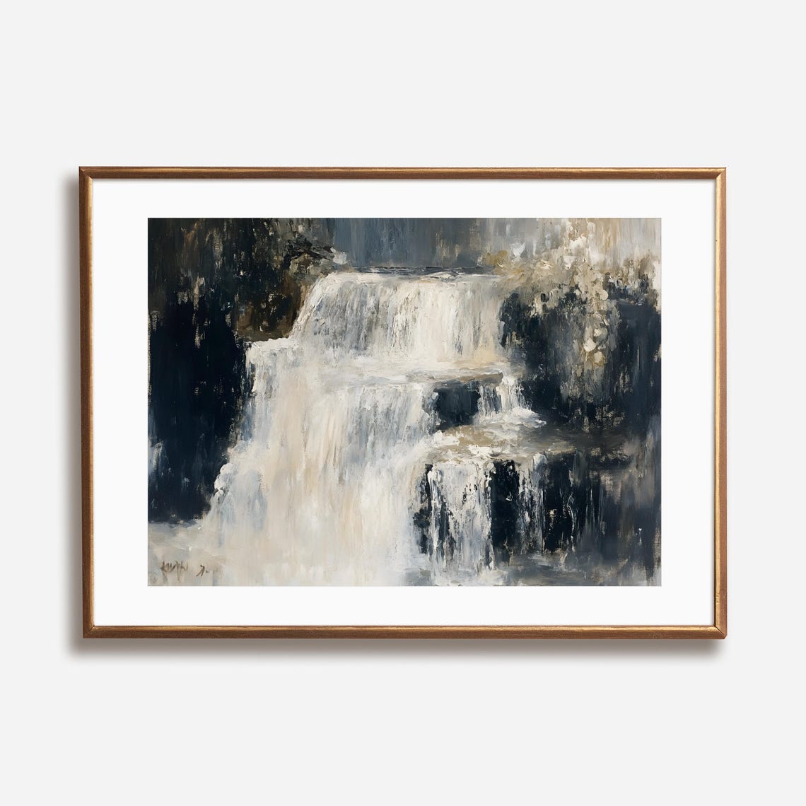 Waterfall In White And Ivory Tones Moody Nature Painting Poster - Image 3
