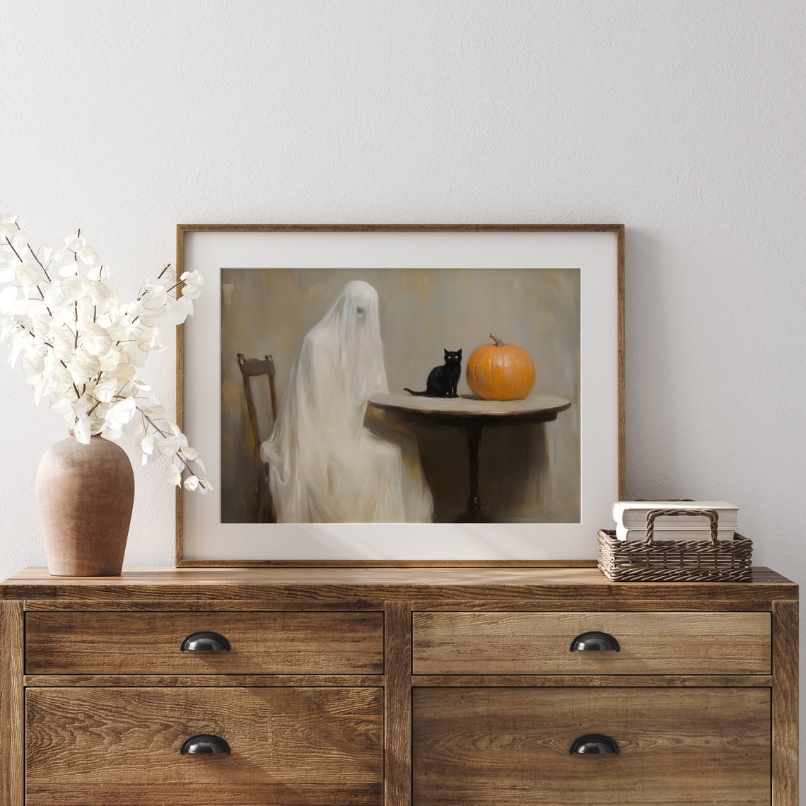 Ghost Sitting With Black Cat And Pumpkin Halloween Art Poster - Image 4