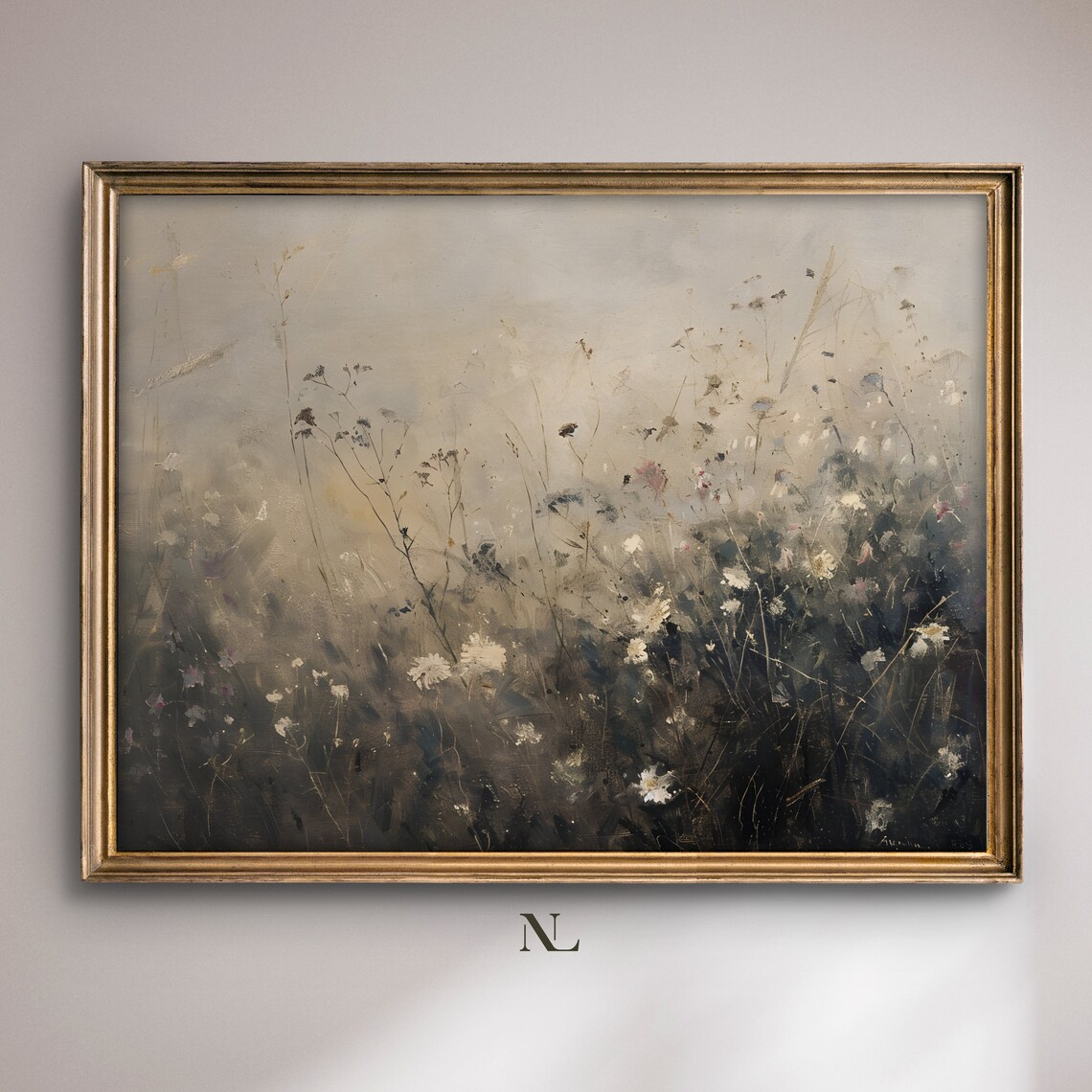 Soft Wildflowers Among Tall Grasses Misty Neutral Meadow Poster